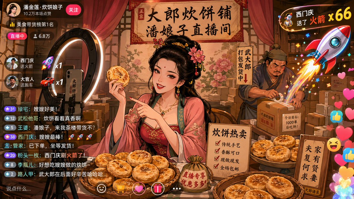 产品视觉 GPT Image 2 提示词：Classical Characters Modern Live-Streaming Prompt