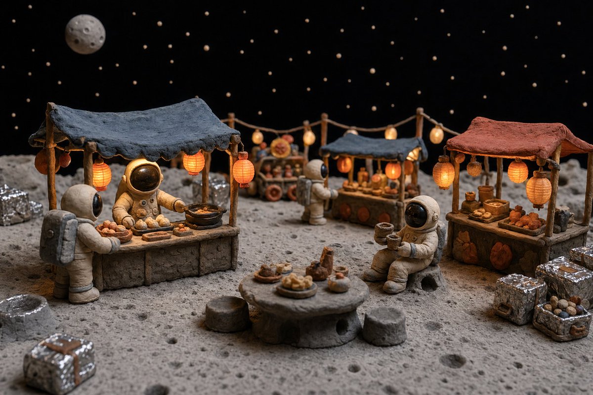 界面稿 GPT Image 2 提示词：Clay Astronaut Moon Market