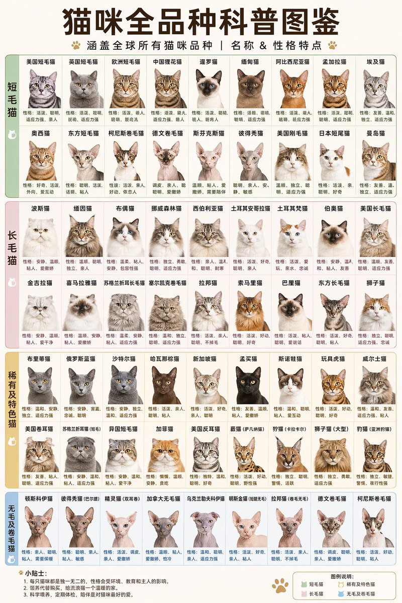 产品视觉 GPT Image 2 提示词：Comprehensive Cat Breed Infographic