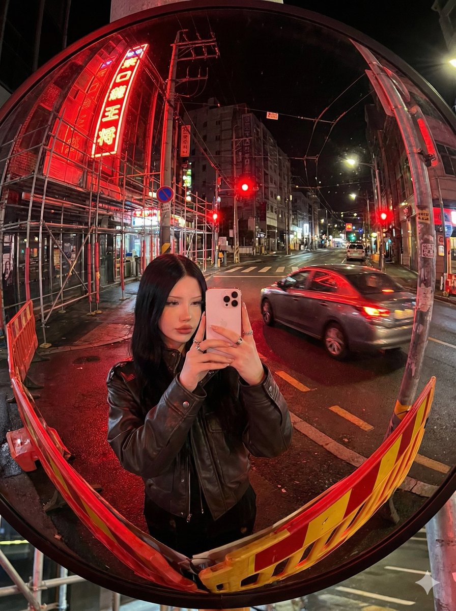 产品视觉 GPT Image 2 提示词：Convex Mirror Neon Street Selfie
