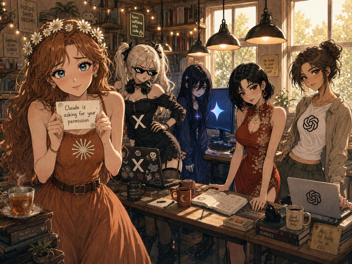 界面稿 GPT Image 2 提示词：Cozy AI Agents Studio Group Portrait