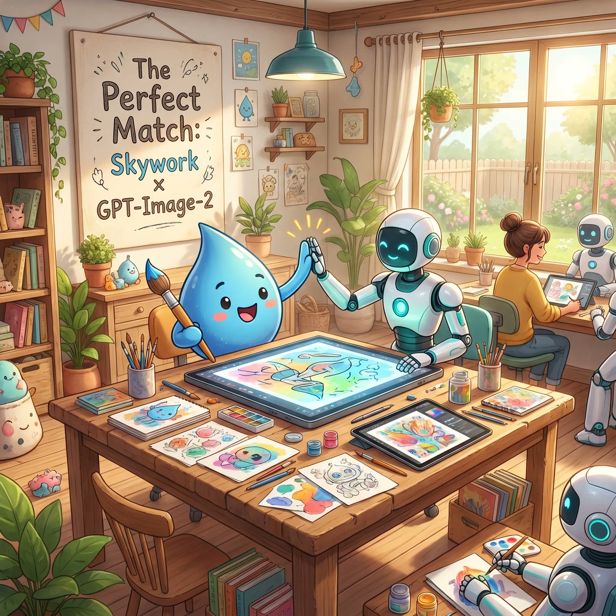 产品视觉 GPT Image 2 提示词：Cozy AI Art Studio Collaboration