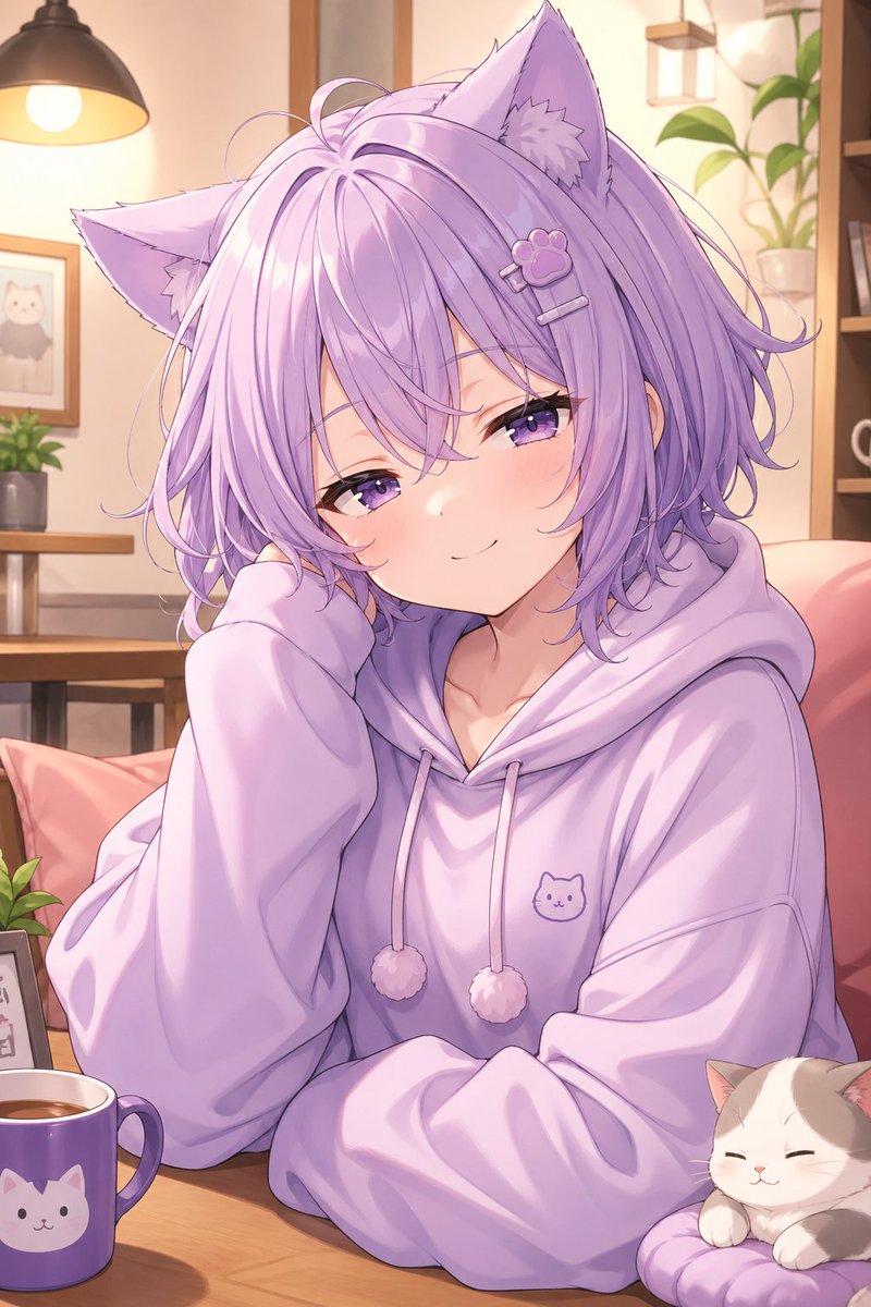 产品视觉 GPT Image 2 提示词：Cozy Lavender Catgirl Portrait