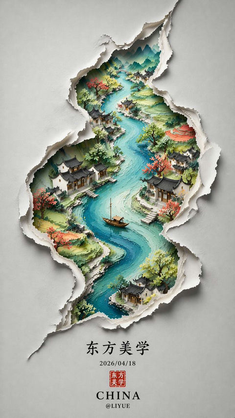 界面稿 GPT Image 2 提示词：裂痕里的水墨东方山水画卷