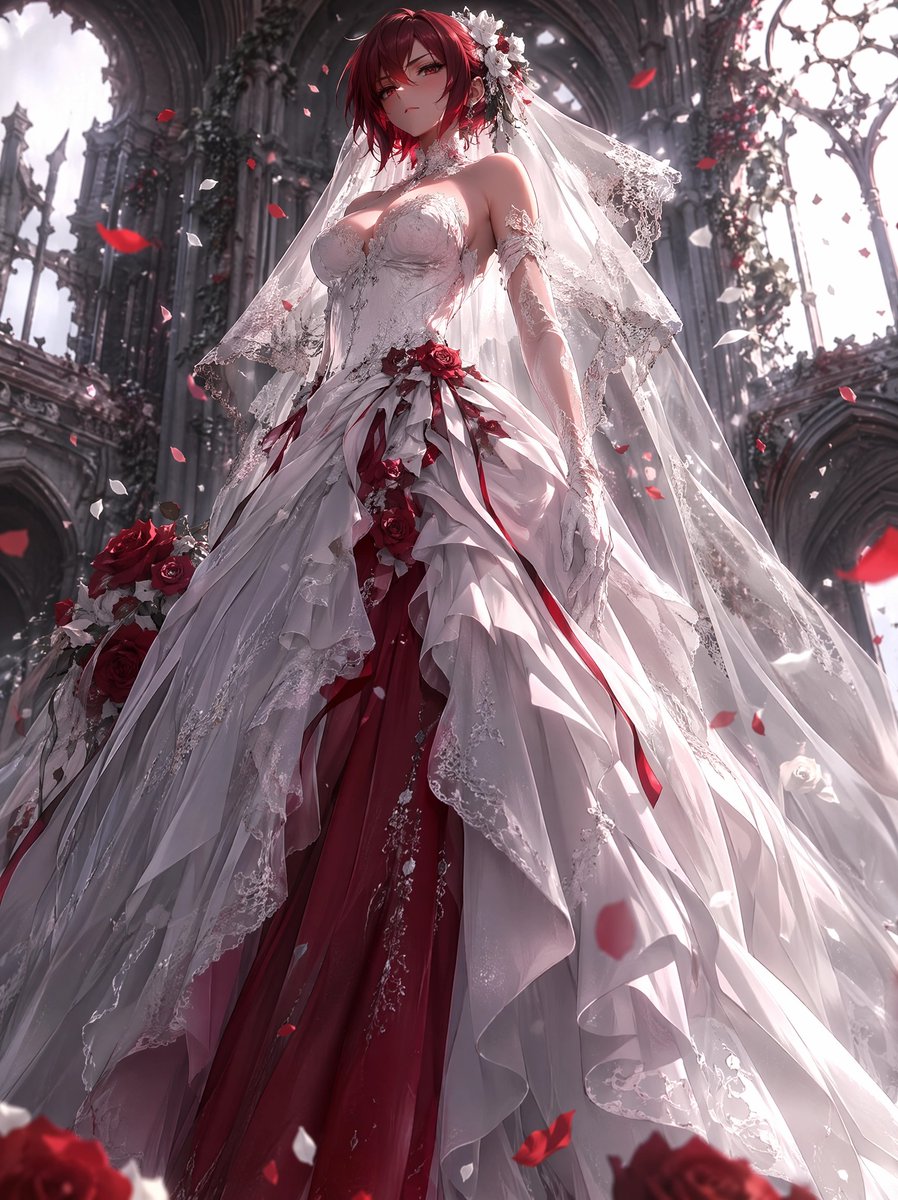 界面稿 GPT Image 2 提示词：Crimson Accent Gothic Bridal Gown