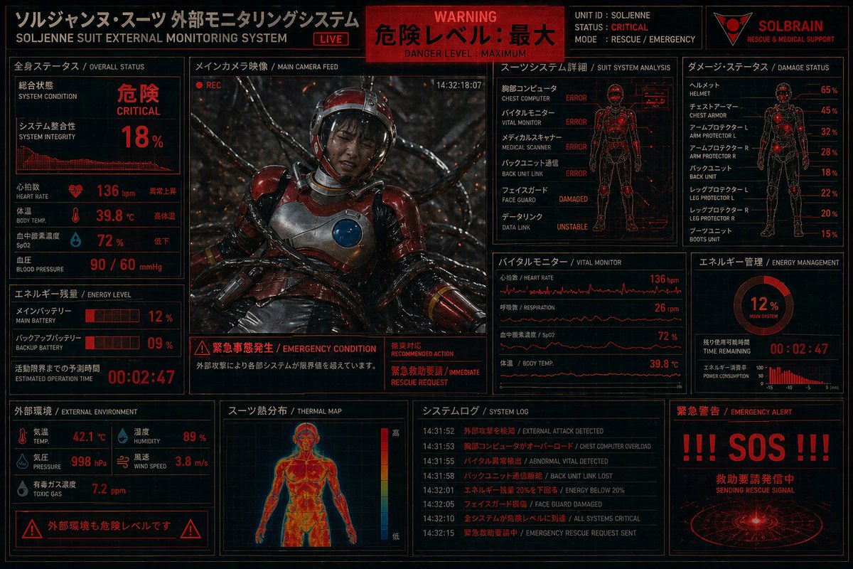 信息图 GPT Image 2 提示词：Critical Rescue Suit Monitoring HUD