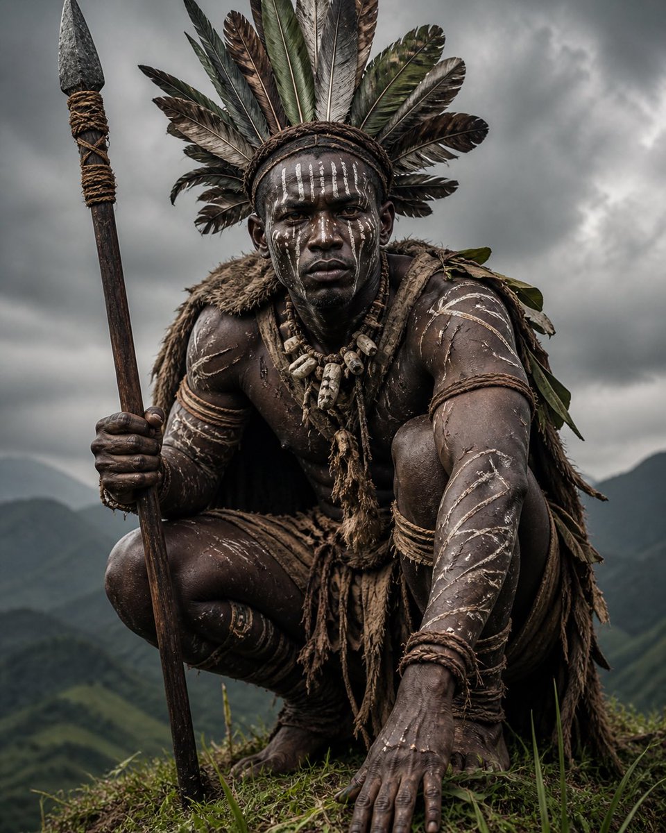 产品视觉 GPT Image 2 提示词：Crouching Tribal Warrior Portrait