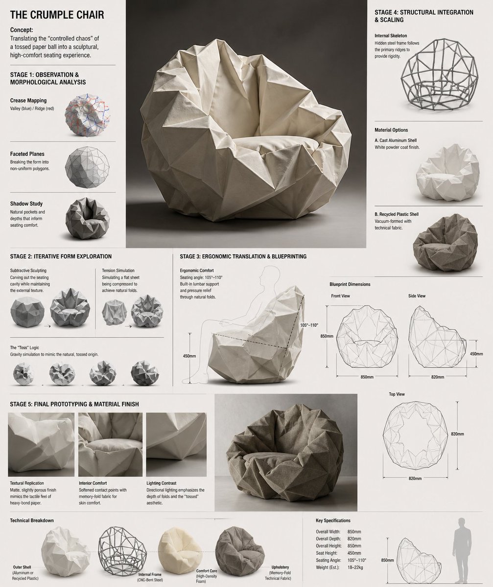 产品视觉 GPT Image 2 提示词：Crumple Paper Furniture Concept Design