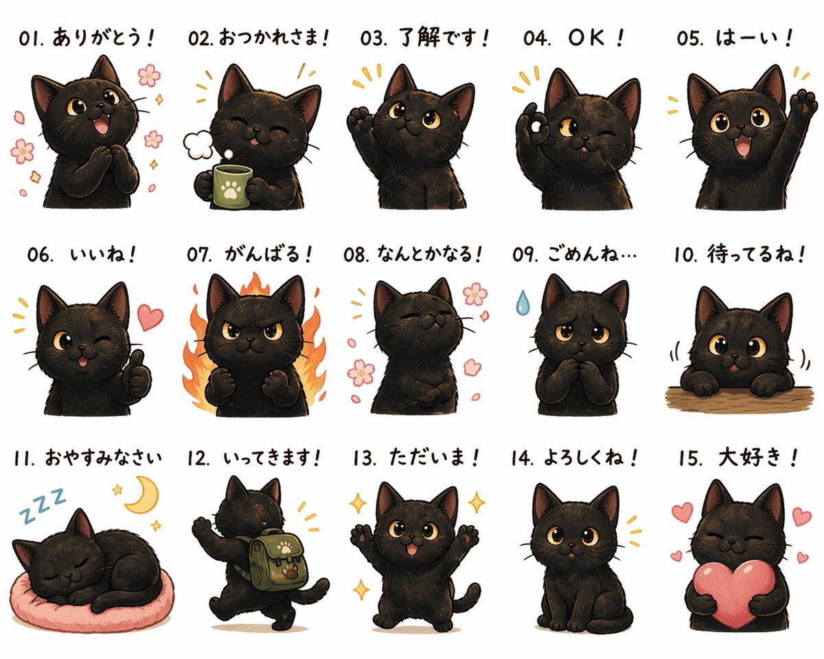 产品视觉 GPT Image 2 提示词：Cute Black Cat Japanese Sticker Sheet