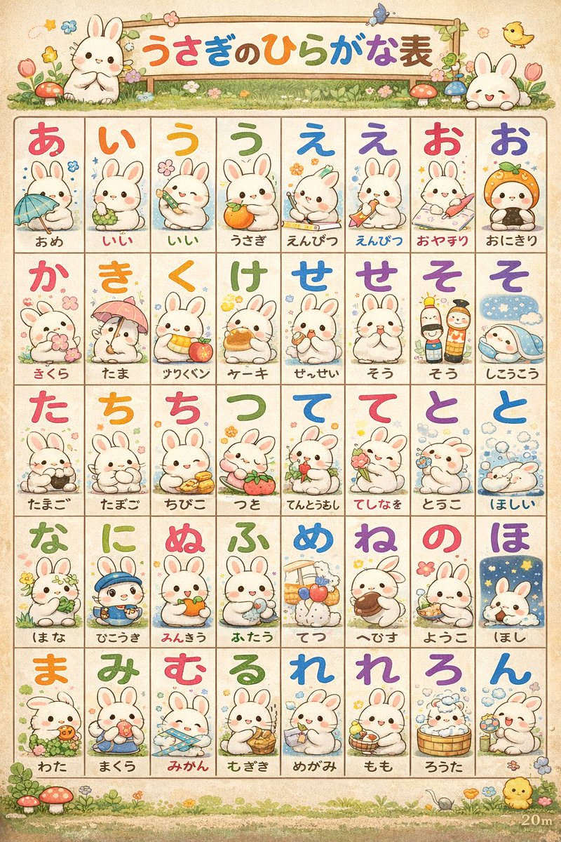 产品视觉 GPT Image 2 提示词：Cute Bunny Hiragana Poster