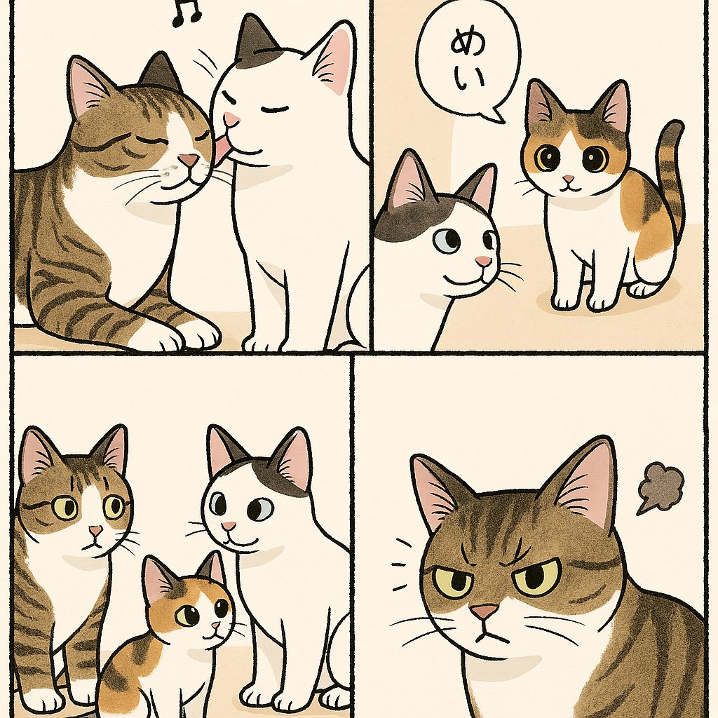 产品视觉 GPT Image 2 提示词：Cute Four-Panel Cat Jealousy Comic