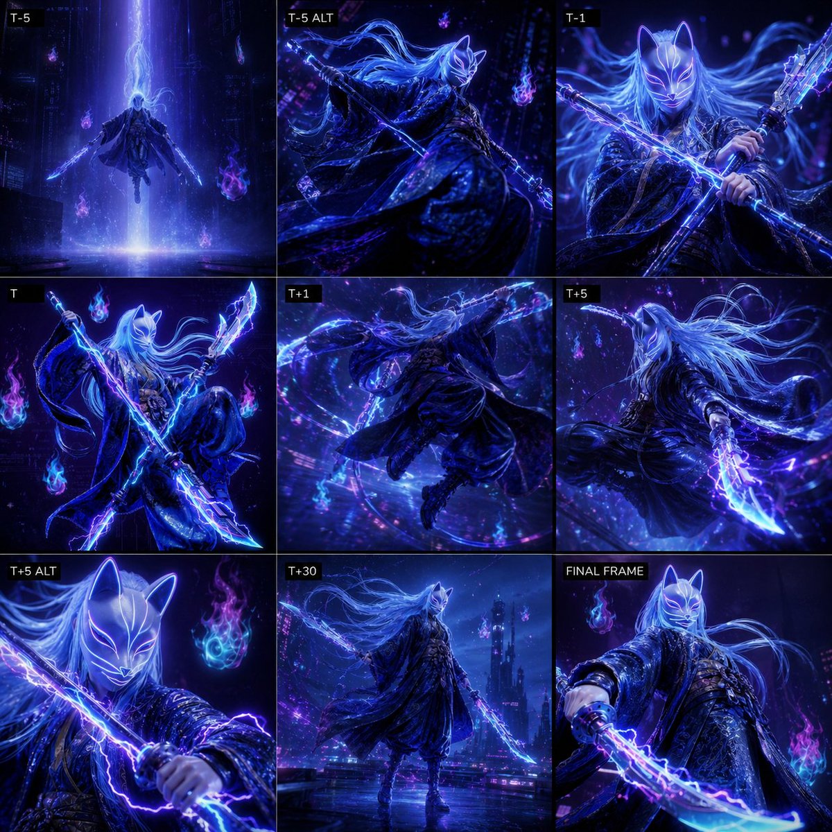 产品视觉 GPT Image 2 提示词：Cyber Kitsune Warrior Storyboard