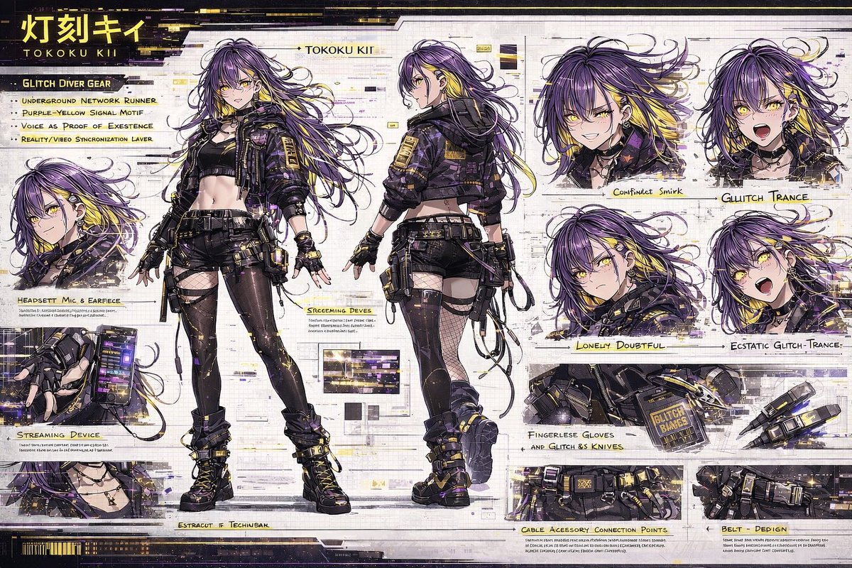 界面稿 GPT Image 2 提示词：Cyberpunk Anime Character Concept Sheet