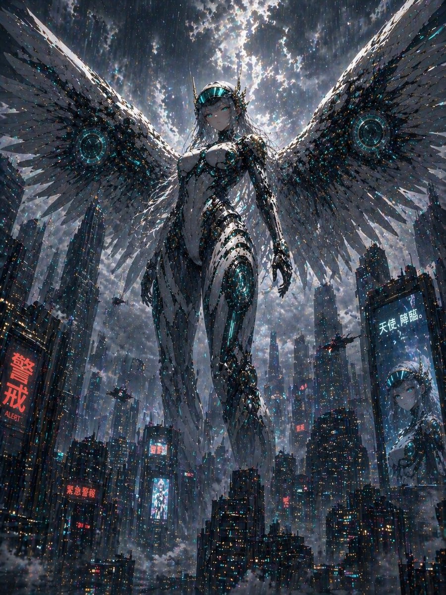 产品视觉 GPT Image 2 提示词：Cyberpunk Machine Angel Over Megacity