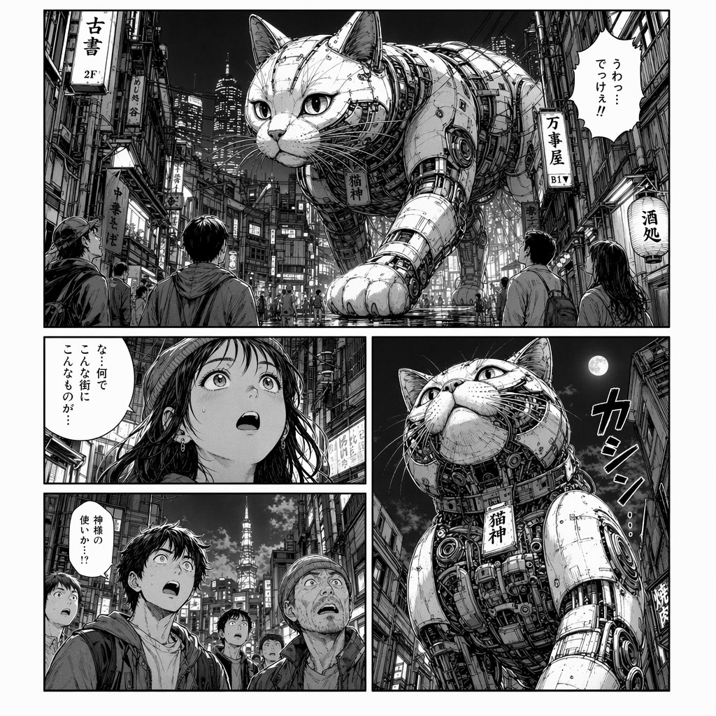 界面稿 GPT Image 2 提示词：Cyberpunk Manga Page of a Giant Robot Cat