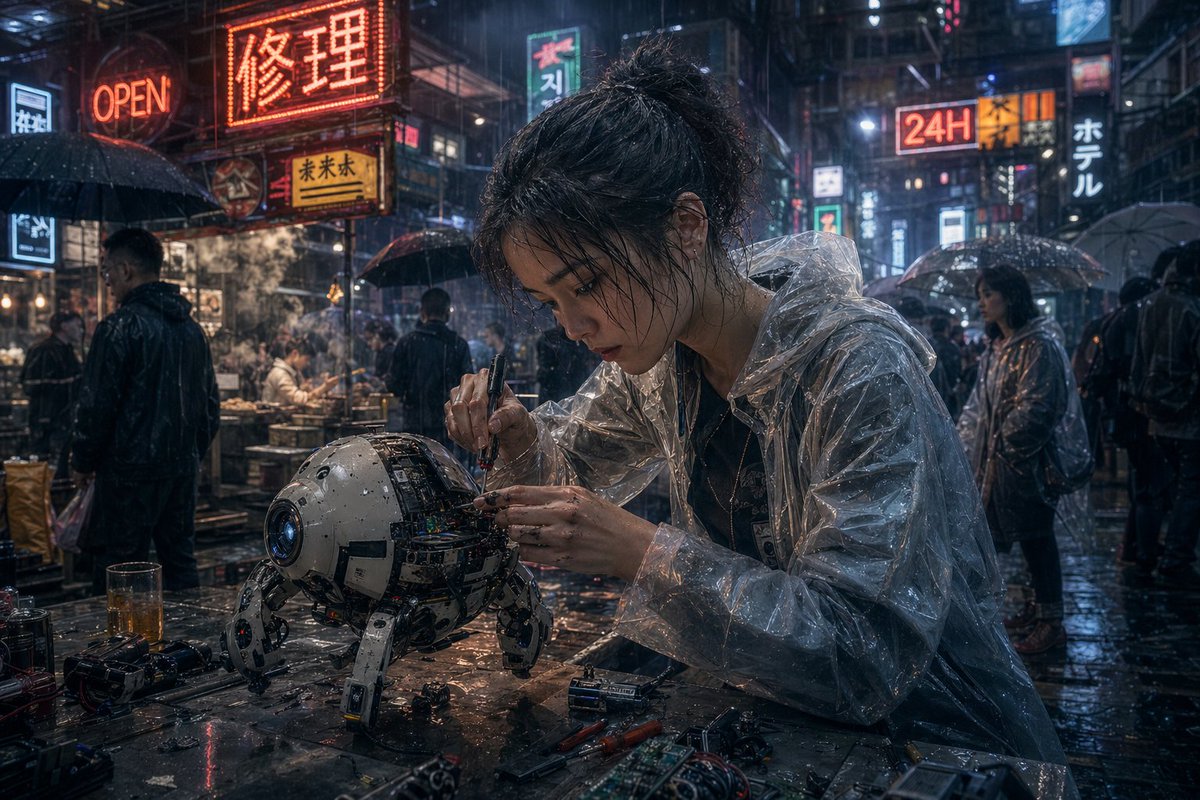 界面稿 GPT Image 2 提示词：Cyberpunk Rainy Street Robot Repair