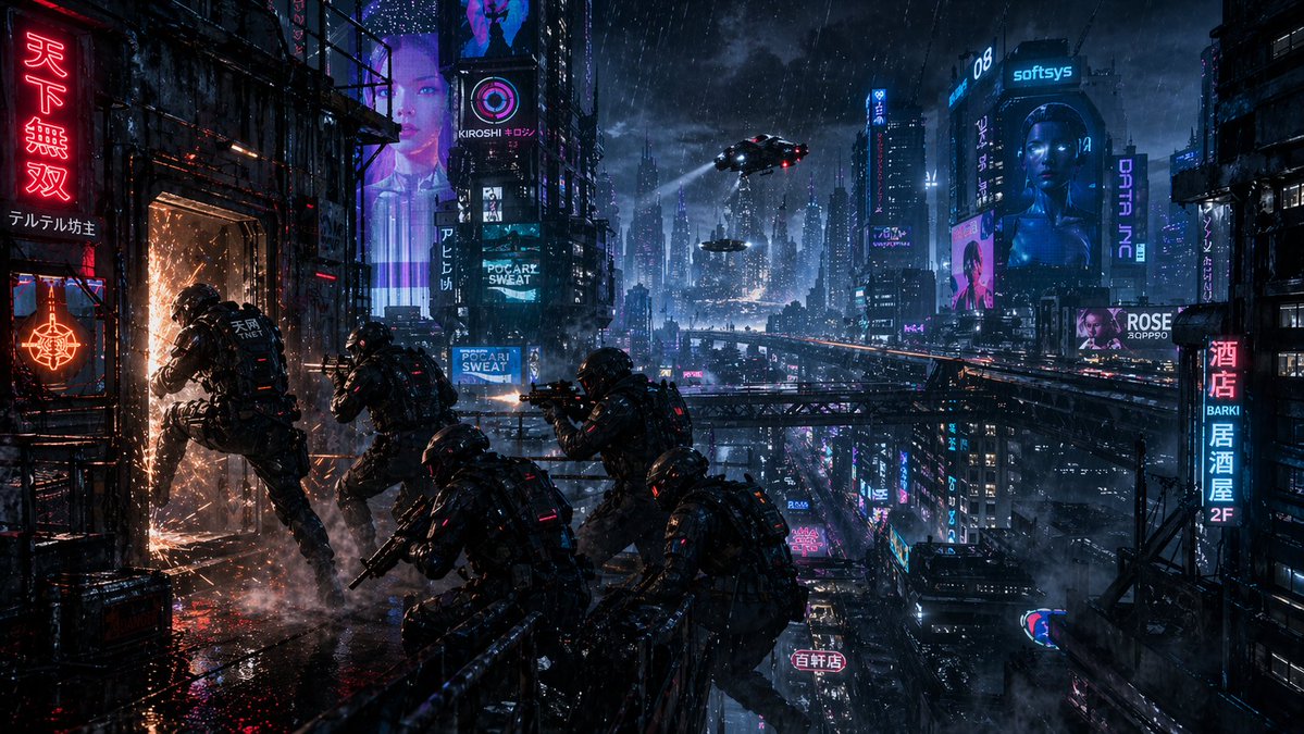 角色设定 GPT Image 2 提示词：Cyberpunk Rooftop Breach Raid