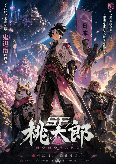 角色设定 GPT Image 2 提示词：赛博科幻桃太郎主视觉图