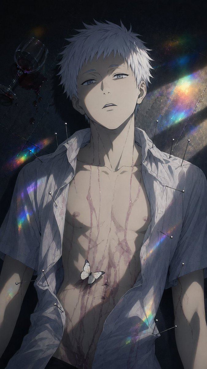 产品视觉 GPT Image 2 提示词：Dark Anime Boy with Pins and Prism Light