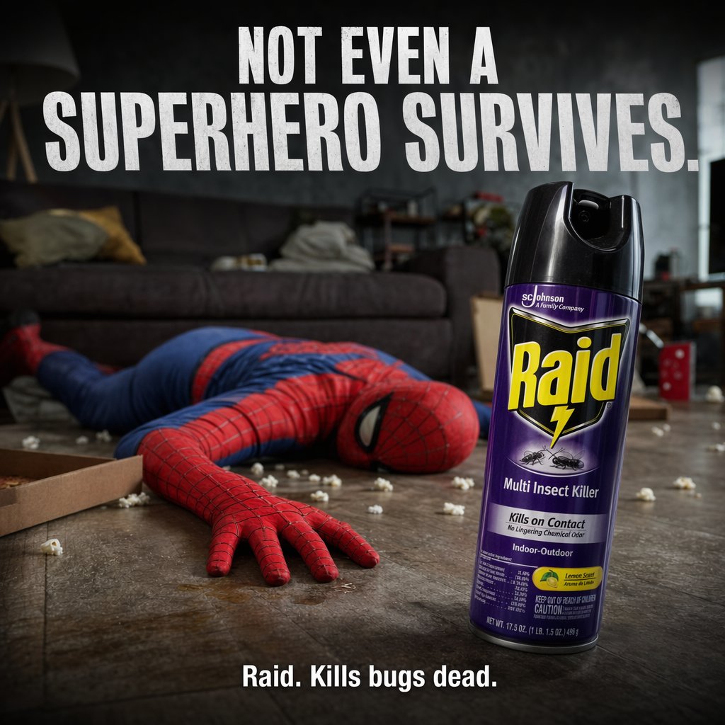 产品视觉 GPT Image 2 提示词：Dark Comedy Insect Spray Ad