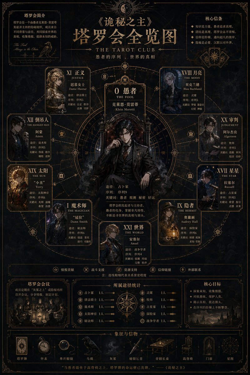 信息图 GPT Image 2 提示词：Dark Fantasy Tarot Club Lore Infographic
