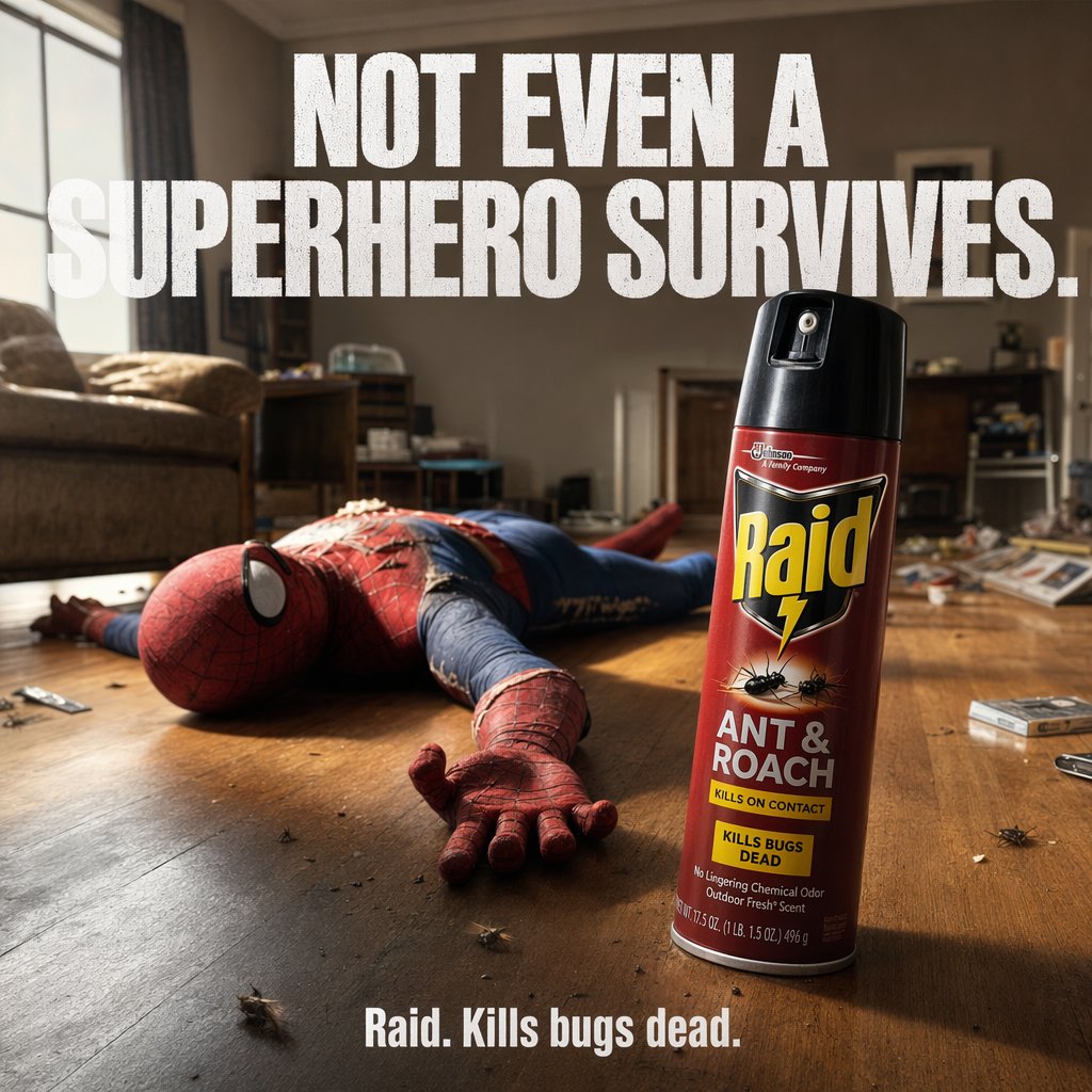 产品视觉 GPT Image 2 提示词：Darkly Comic Bug Spray Ad