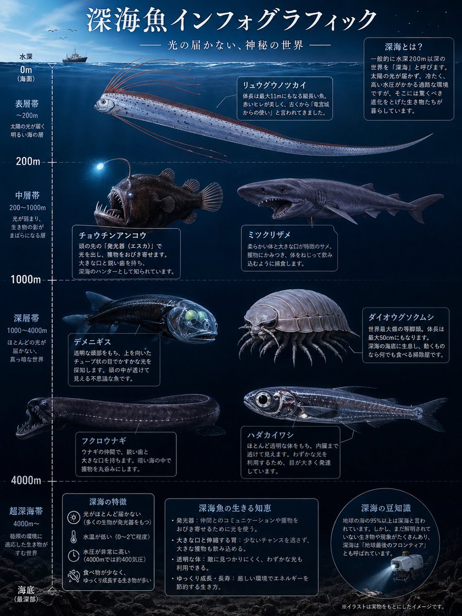 产品视觉 GPT Image 2 提示词：Deep-Sea Fish Infographic Poster