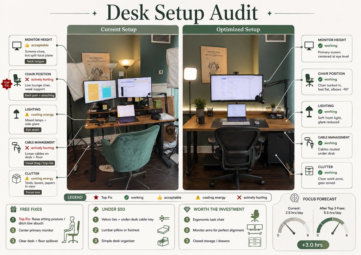 产品视觉 GPT Image 2 提示词：Desk Setup Audit Infographic