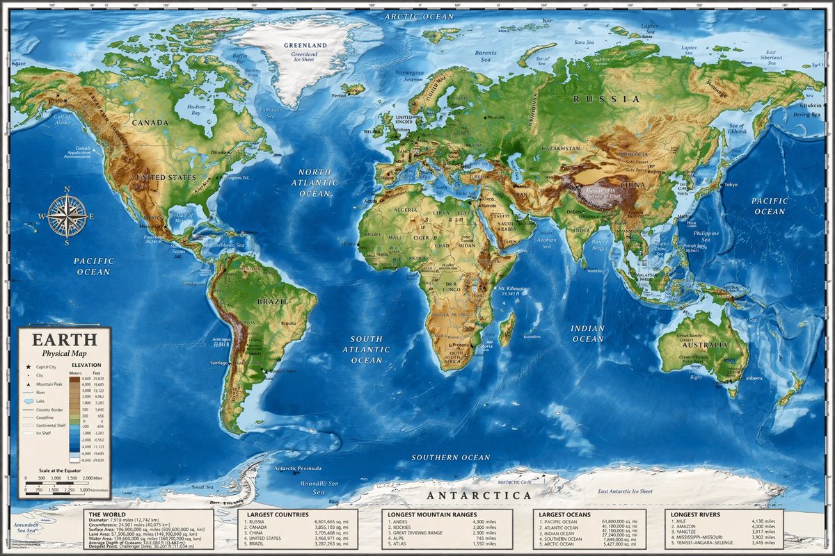 信息图 GPT Image 2 提示词：Detailed Physical World Map with Info Panels