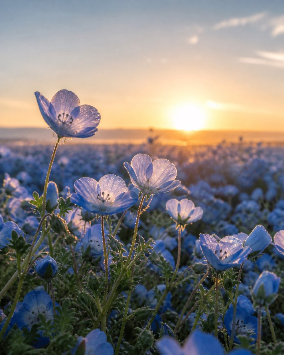 界面稿 GPT Image 2 提示词：Dewy Nemophila Sunrise Macro
