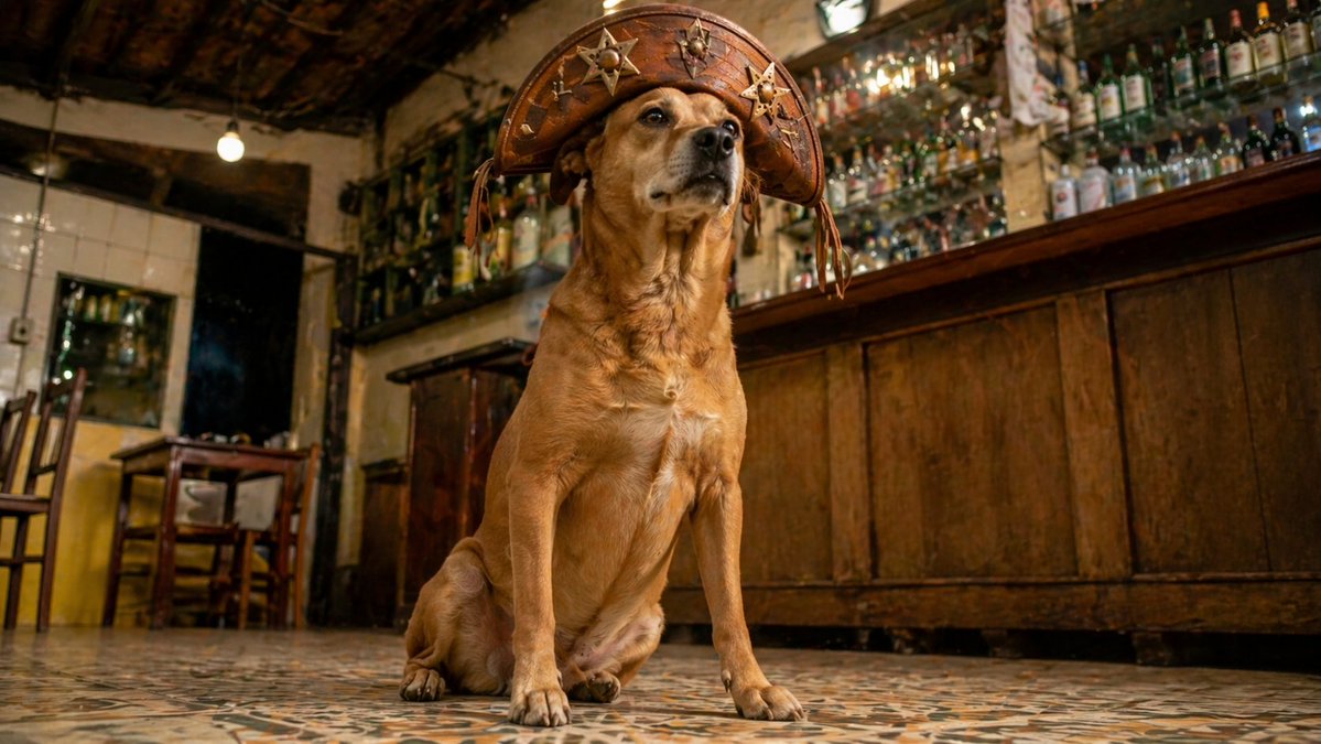 角色设定 GPT Image 2 提示词：Dog in Leather Cangaceiro Hat at a Bar