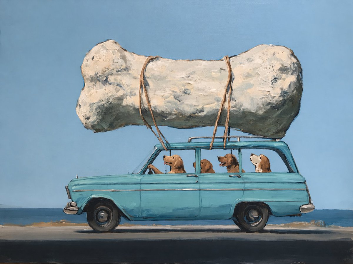 产品视觉 GPT Image 2 提示词：Dogs Carrying Giant Bone by the Sea