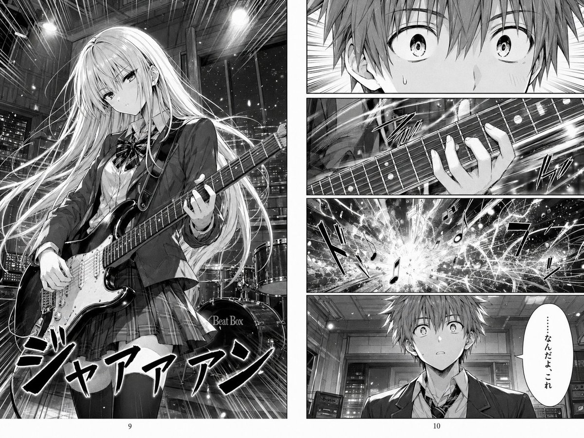 界面稿 GPT Image 2 提示词：Dramatic Manga Guitar Reveal Page