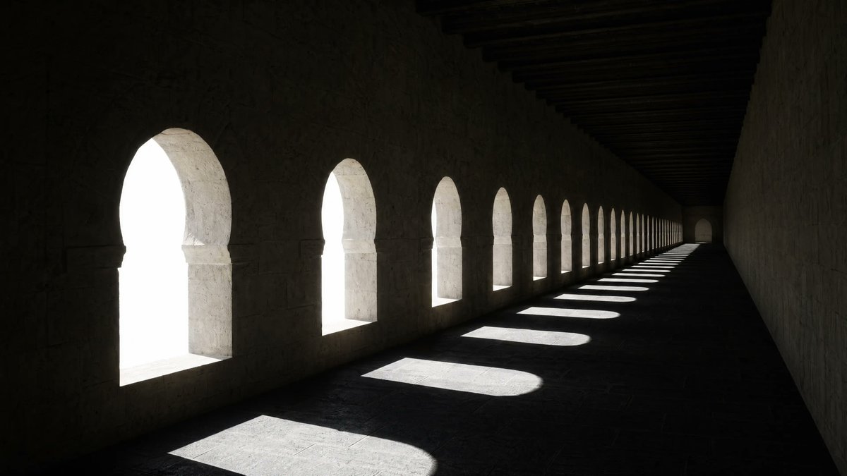 界面稿 GPT Image 2 提示词：Dramatic Stone Corridor With Arched Windows