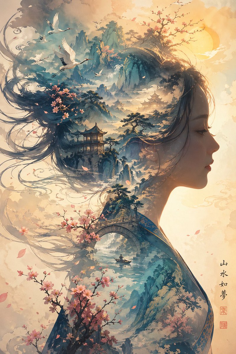 产品视觉 GPT Image 2 提示词：Dreamlike Shanshui Woman Silhouette