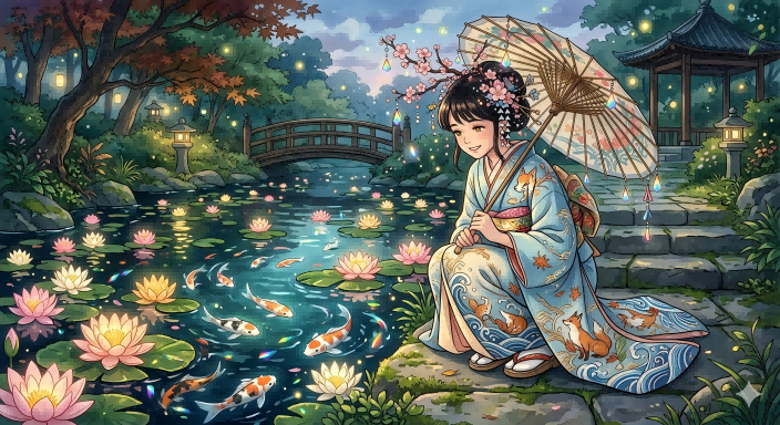 产品视觉 GPT Image 2 提示词：Dreamy Kimono Woman by a Koi Pond
