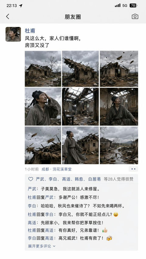 故事绘本 GPT Image 2 提示词：杜甫朋友圈吐槽茅屋被掀翻