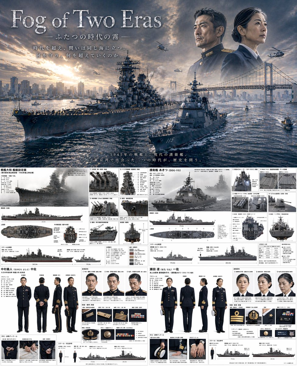产品视觉 GPT Image 2 提示词：Dual-Era Naval Drama Poster & Spec Sheet