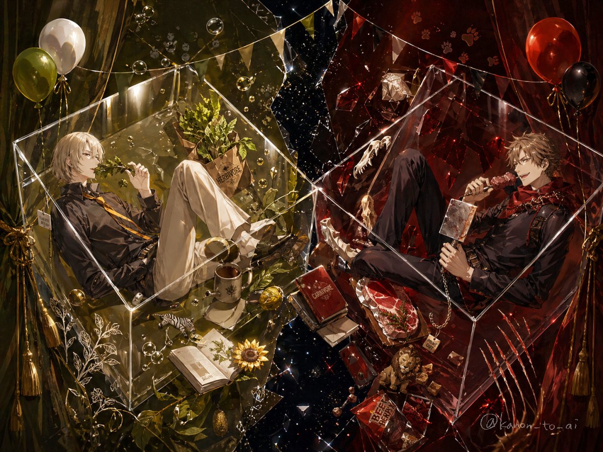 界面稿 GPT Image 2 提示词：Dual-Themed Anime Boys in Crystal Boxes