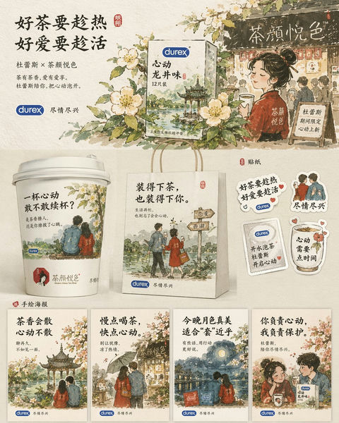 产品视觉 GPT Image 2 提示词：杜蕾斯茶颜悦色联名海报设计