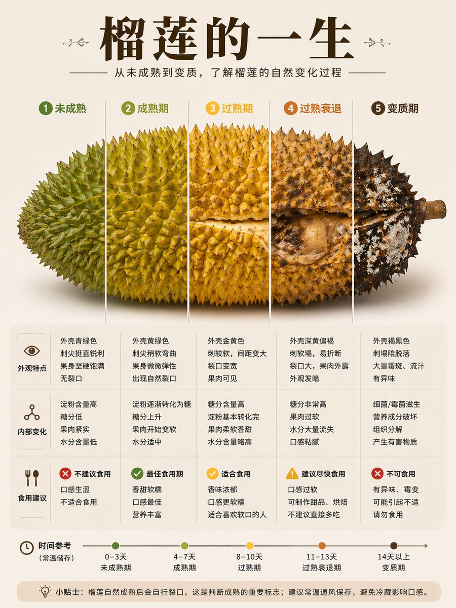 产品视觉 GPT Image 2 提示词：Durian Ripening Lifecycle Infographic