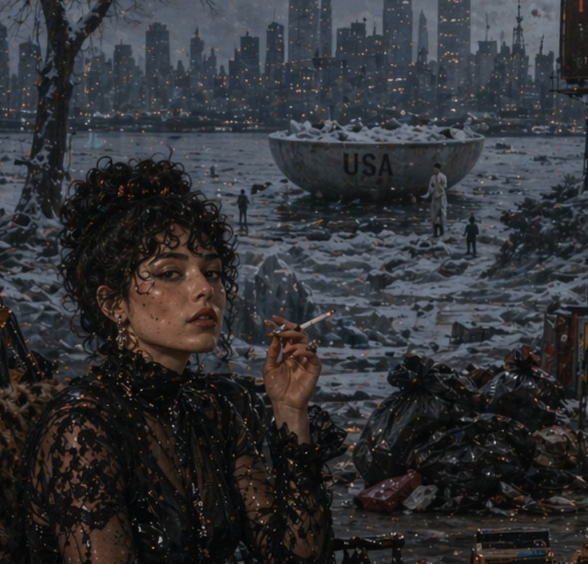 界面稿 GPT Image 2 提示词：Dystopian Woman by Frozen Waterfront
