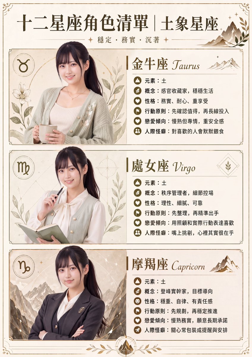 产品视觉 GPT Image 2 提示词：Earth Signs Zodiac Character Poster
