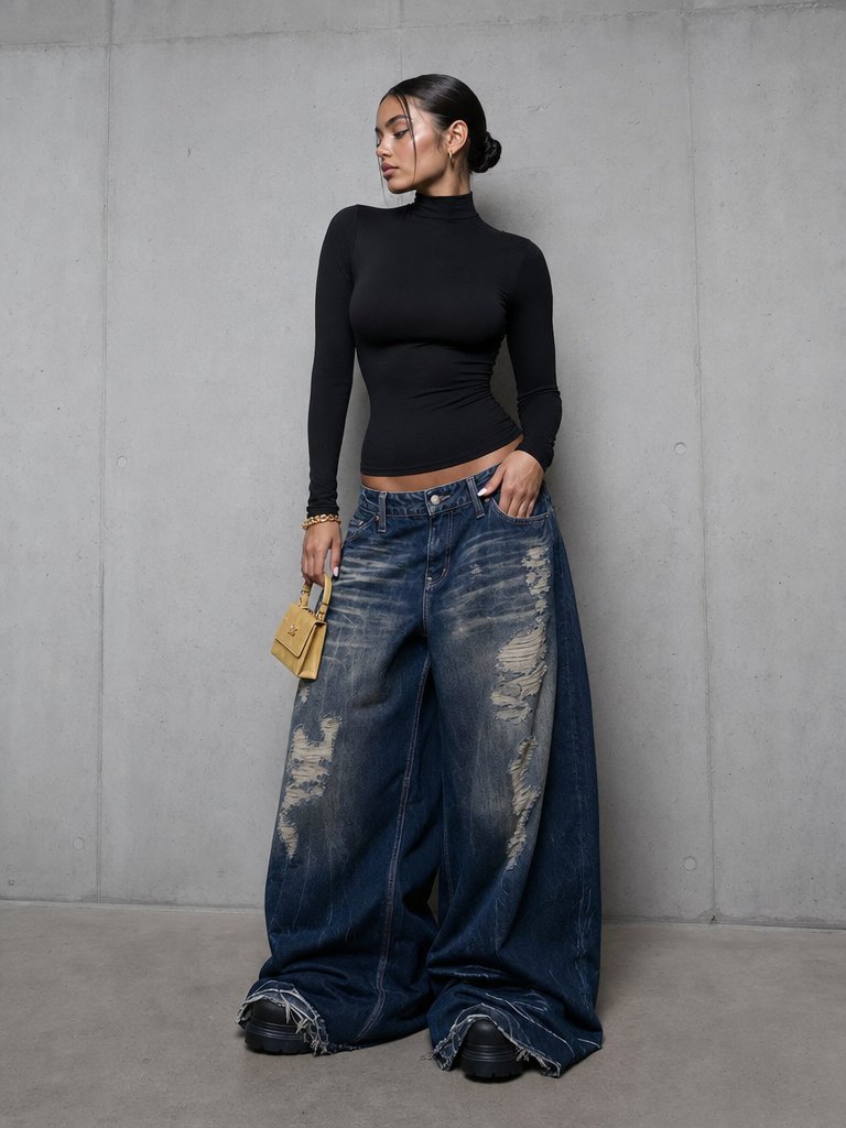 角色设定 GPT Image 2 提示词：Editorial Portrait in Extreme Baggy Jeans