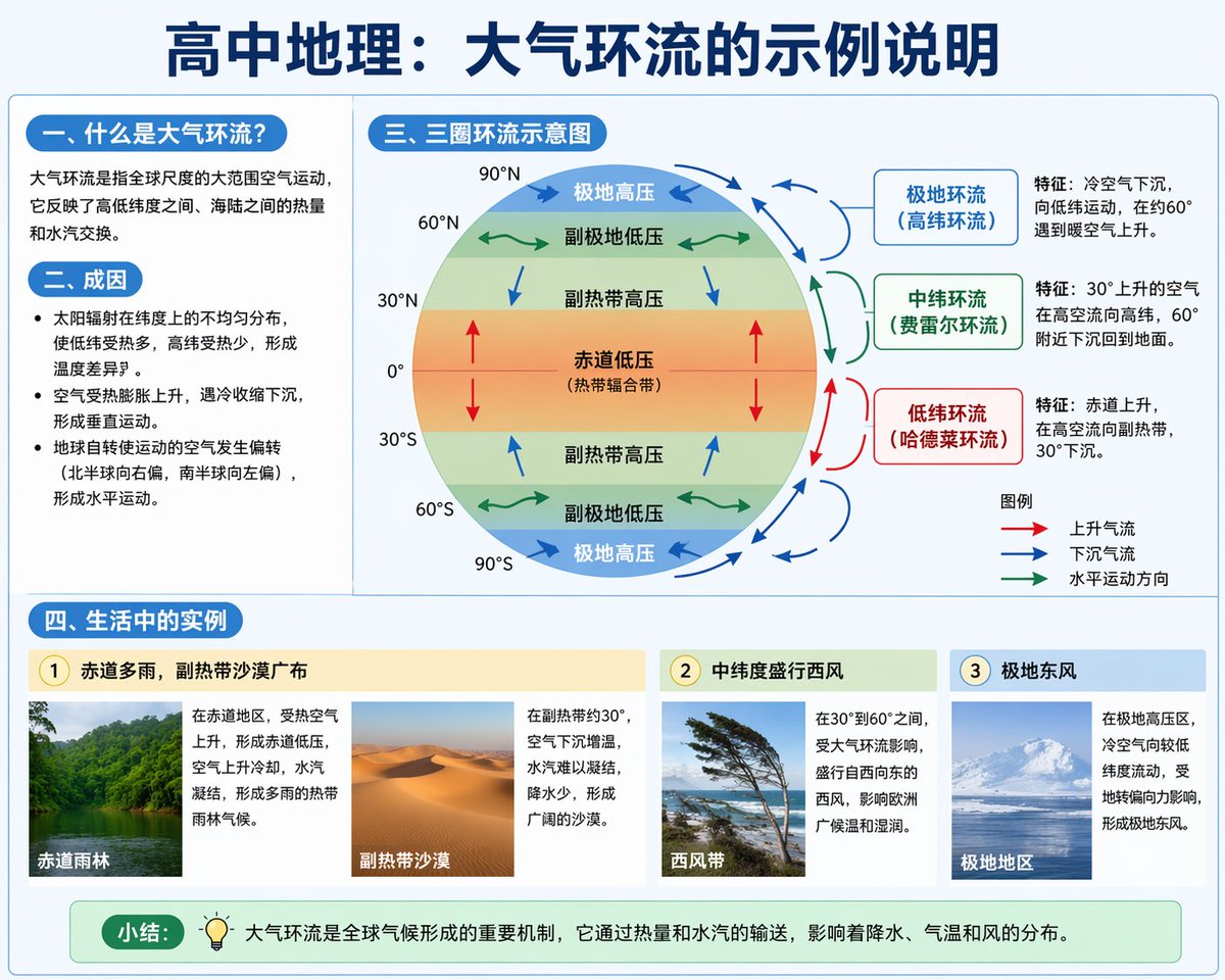 信息图 GPT Image 2 提示词：Educational Infographic on Atmospheric Circulation