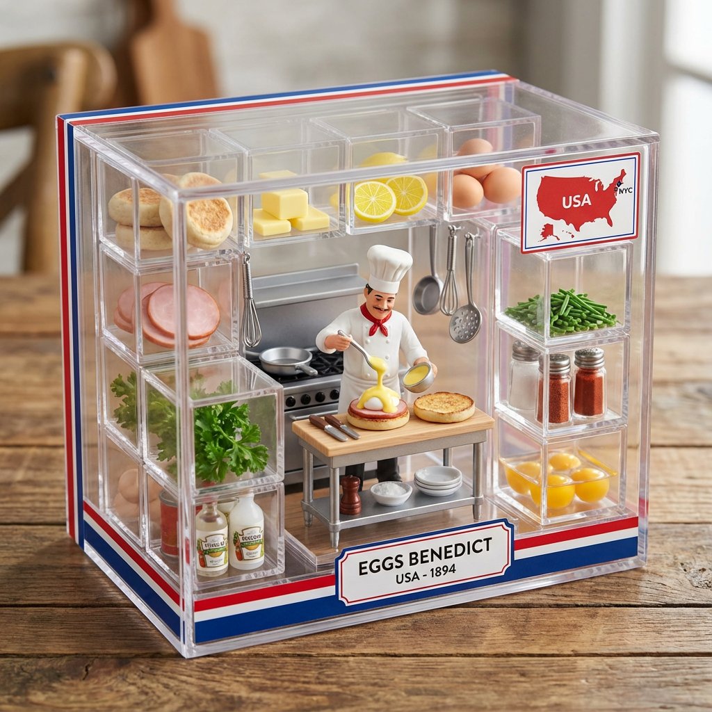 产品视觉 GPT Image 2 提示词：Eggs Benedict Miniature Acrylic Box