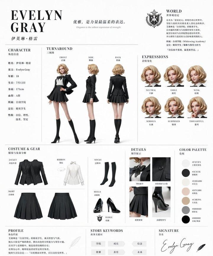 产品视觉 GPT Image 2 提示词：Elegant Academy Character Sheet