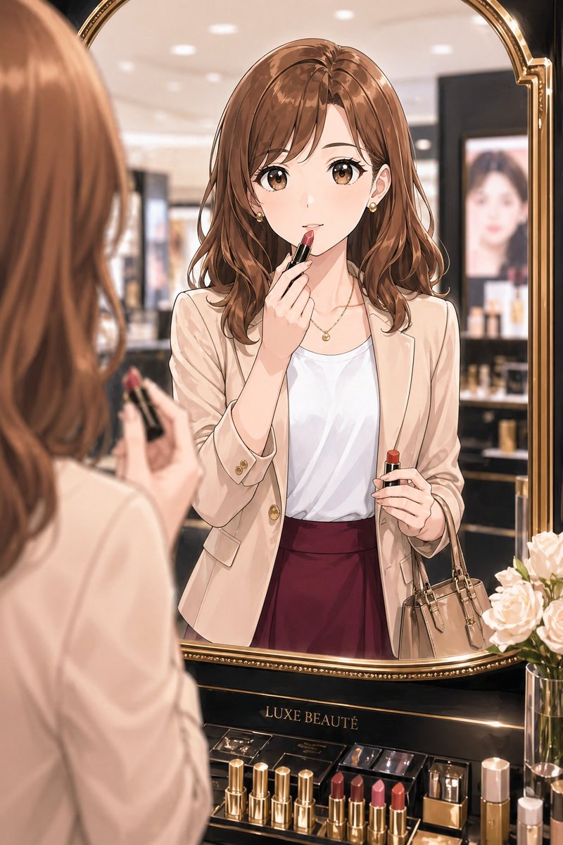 产品视觉 GPT Image 2 提示词：Elegant Office Lady at Beauty Counter