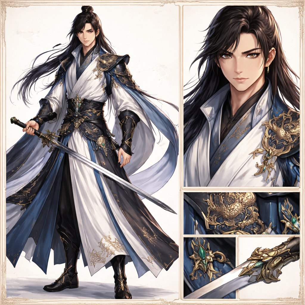角色设定 GPT Image 2 提示词：Elegant Wuxia Swordsman Design Sheet