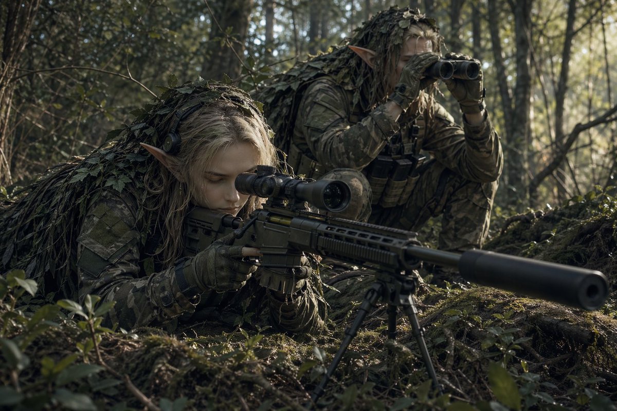 故事绘本 GPT Image 2 提示词：Elf Sniper Team in Forest Ambush